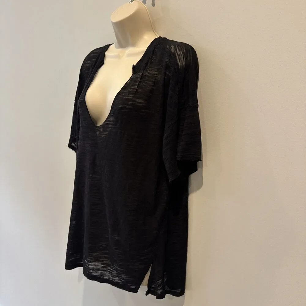 Free People Maddie Burnout Tee Black Oversized V Neck Short Sleeve S